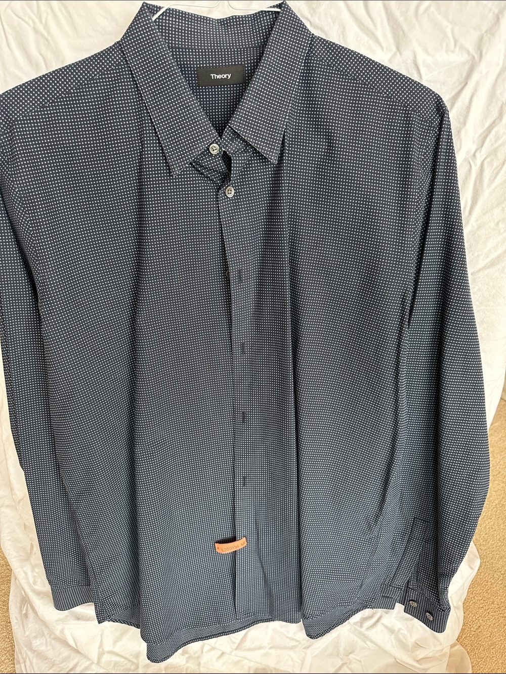Theory Navy and White Micro-Pattern Long-Sleeve Dress Shirt